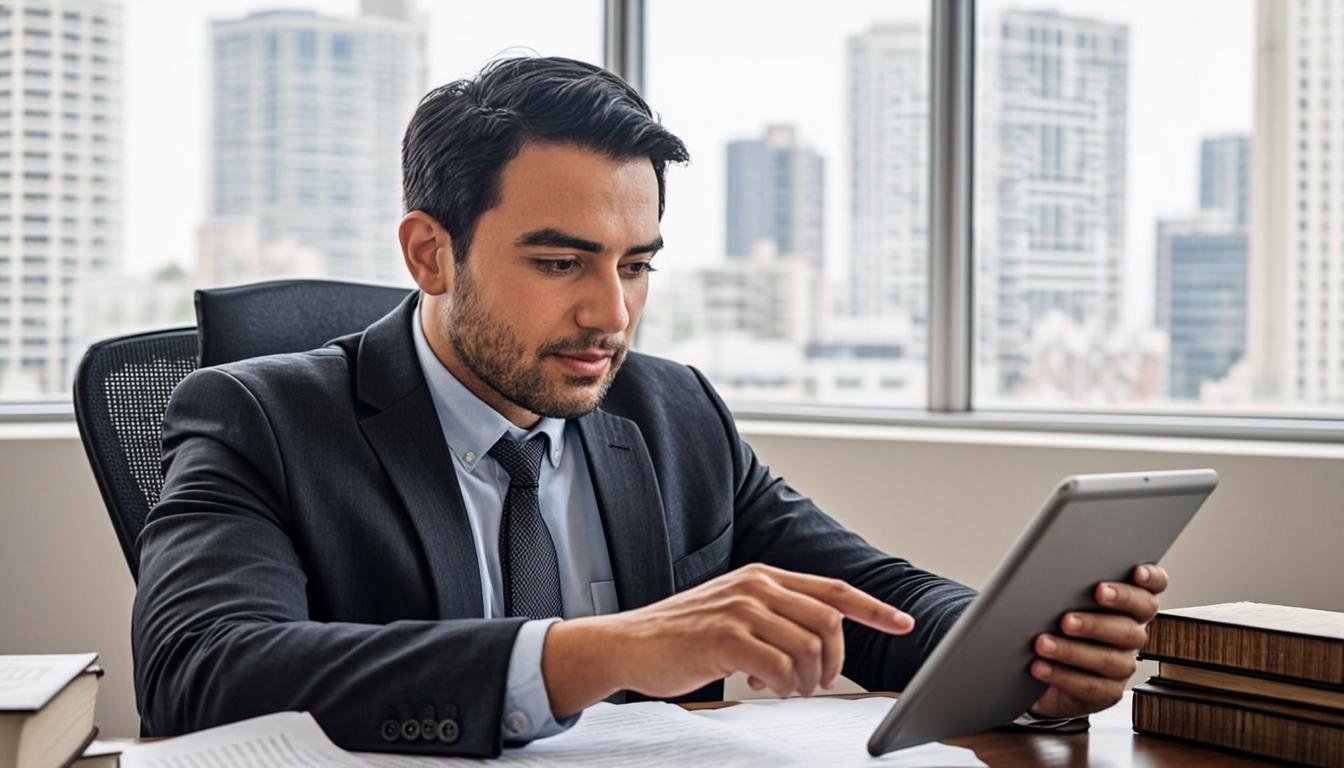 Profesional latino leyendo documentos legales con vista a ciudad inteligente