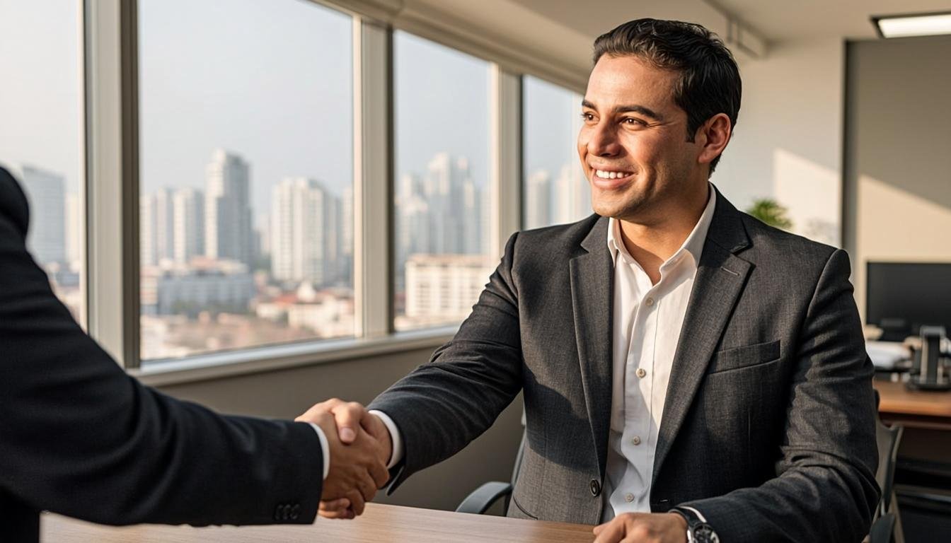 Ejecutivo latino dando la mano en oficina con vista a ciudad inteligente